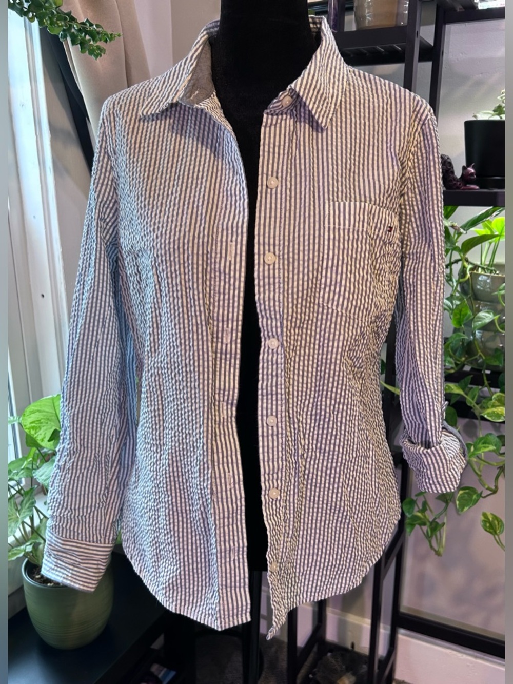 Tommy Hilfiger Blue & White Striped Seersucker Button-Down Shirt - Picture 2 of 6